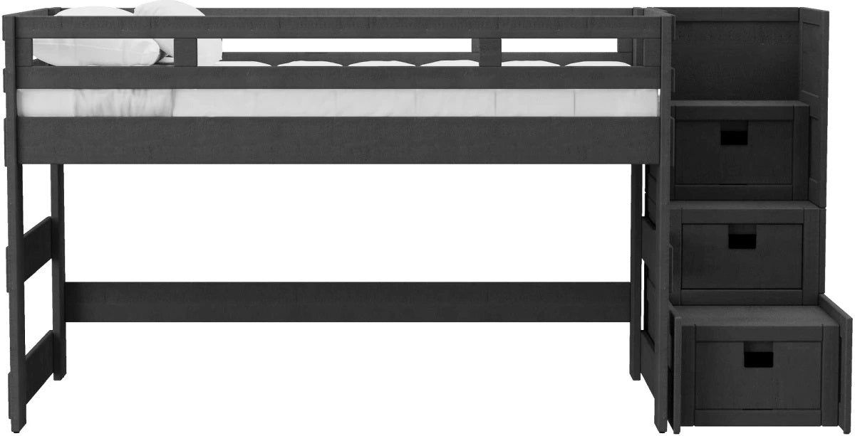 Elements International Cali Kids Full Junior Loft Bed with Staircase in Sleek Gray - Vida Furniture (Laredo,TX)