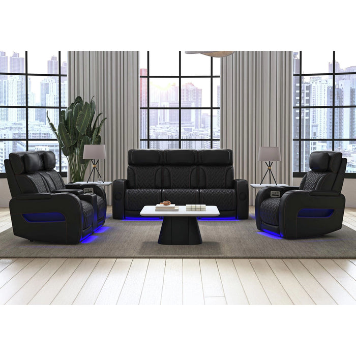 Prime Time P3 Sofa with I Table, reading light, heat, massage, LED, and speaker in Jett Black with Red Stitching