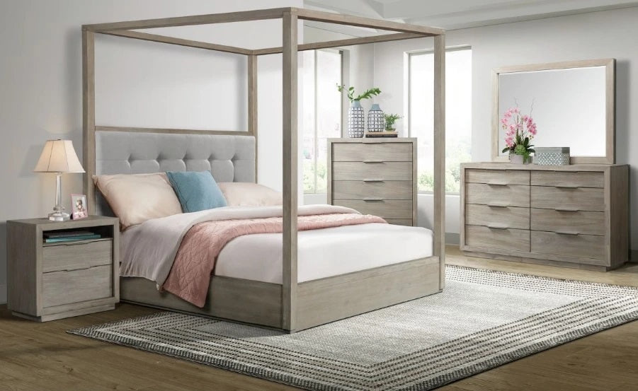 Elements International Arcadia King Upholstered Canopy Bed in Grey - Vida Furniture (Laredo,TX)