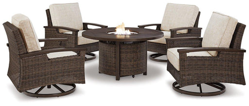 Paradise Trail Paradise Trail Fire Pit Table with 4 Nuvella Swivel Lounge Chairs - Vida Furniture (Laredo,TX)