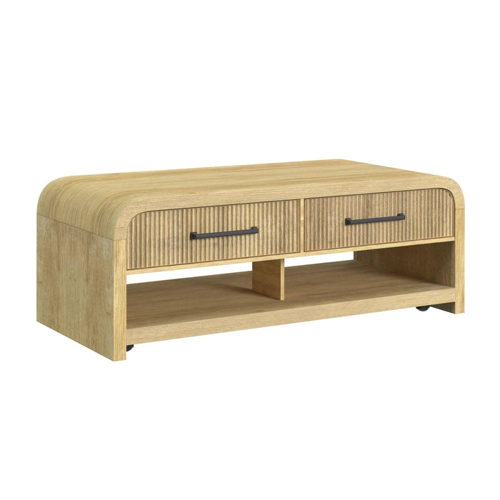 Ridgemont Coffee Table with Casters/Push Through Drawer in Natural - Vida Furniture (Laredo,TX)