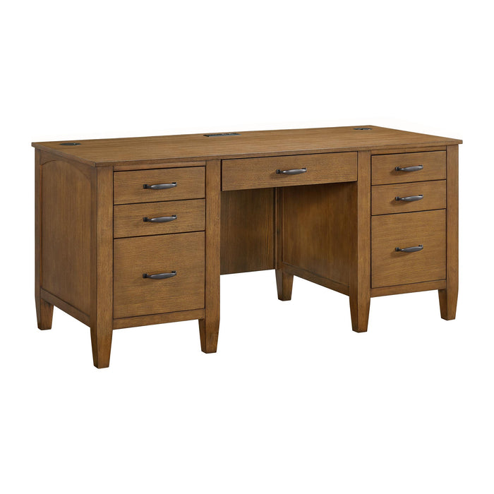 Portico Double Pedestal Desk with Power/USB in Brown Oak - Vida Furniture (Laredo,TX)