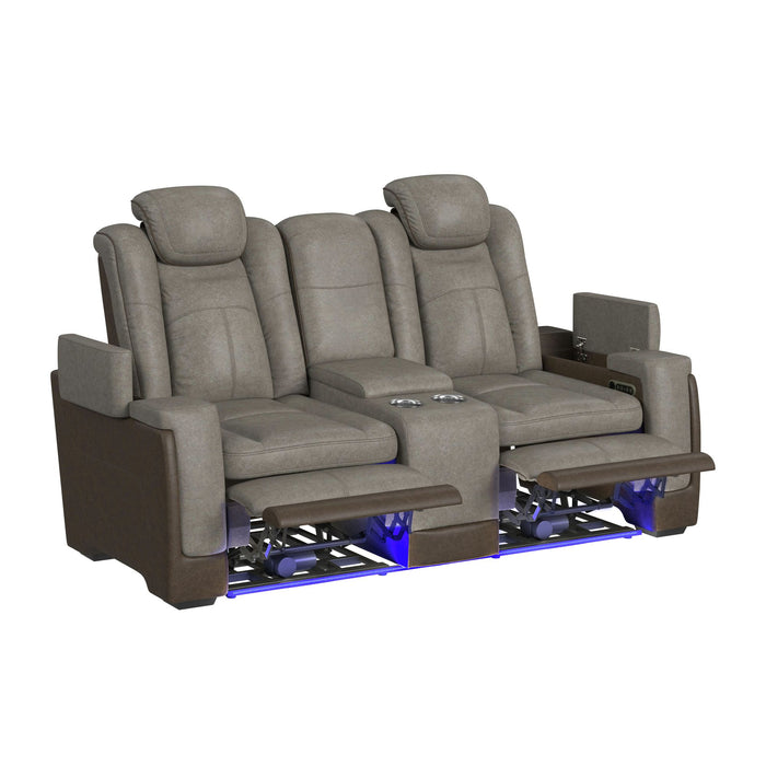 Lantana Power Motion Loveseat with Power Headrest, Led, and Console in Rocky Grey/Brown - Vida Furniture (Laredo,TX)