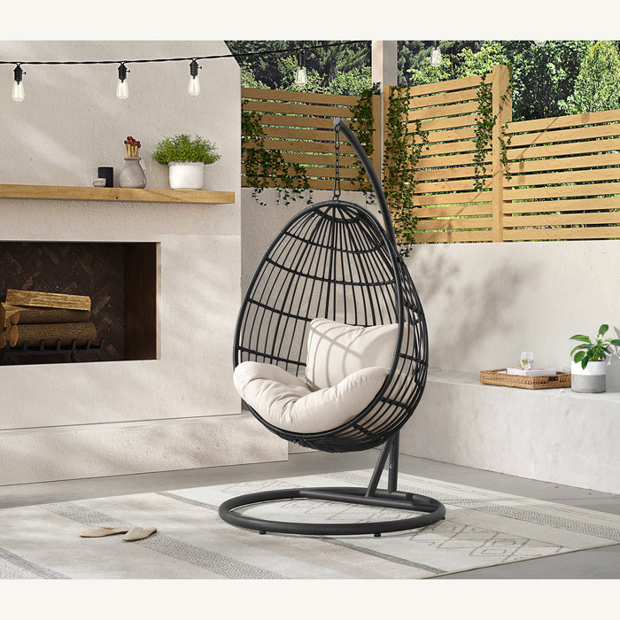 Playa Swing Egg Chair with Base and Pillar - Dark Grey and Olefin Beige - Vida Furniture (Laredo,TX)