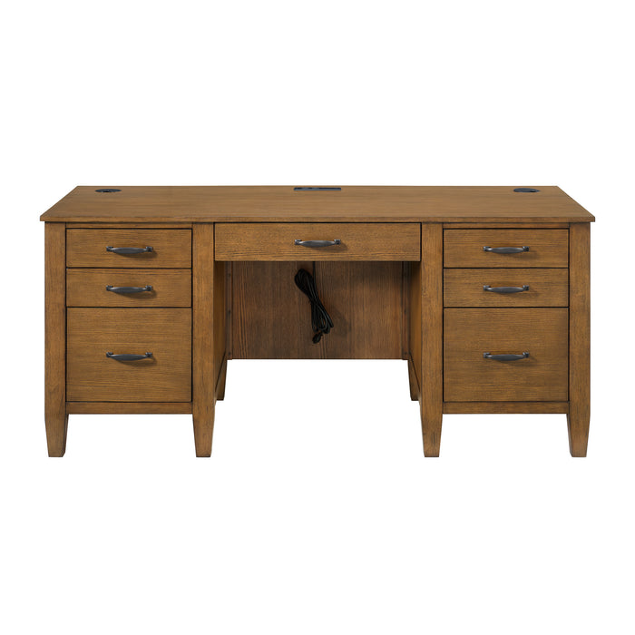Portico Double Pedestal Desk with Power/USB in Brown Oak - Vida Furniture (Laredo,TX)