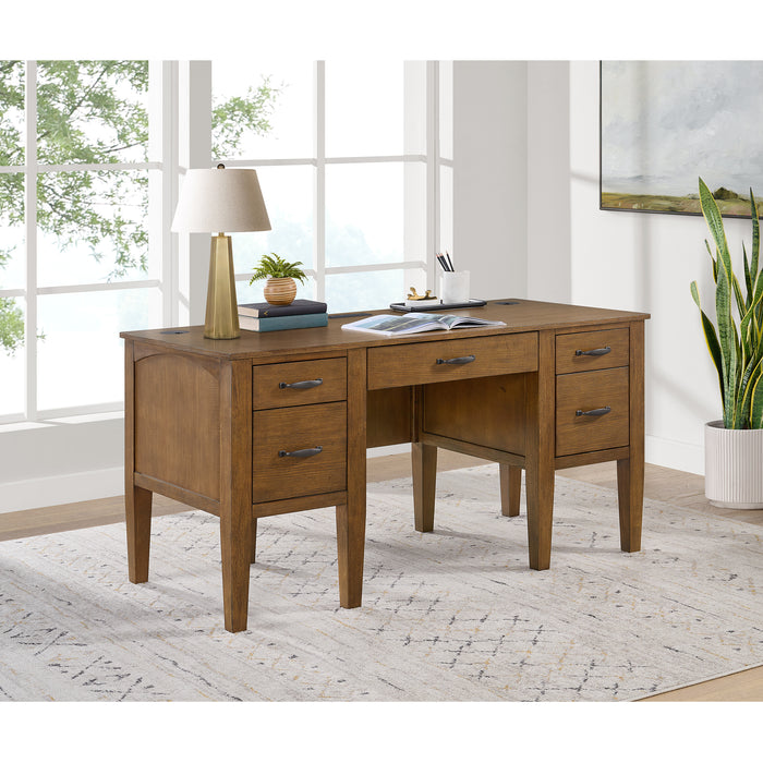 Portico Half Pedestal Desk with Power/USB in Brown Oak - Vida Furniture (Laredo,TX)