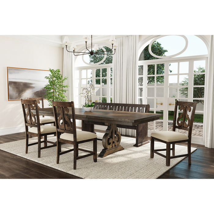 Stone 6PC Dining Set in Charcoal - Table, 4 Wooden Swril Back Side Chairs, & Pew Bench - Vida Furniture (Laredo,TX)