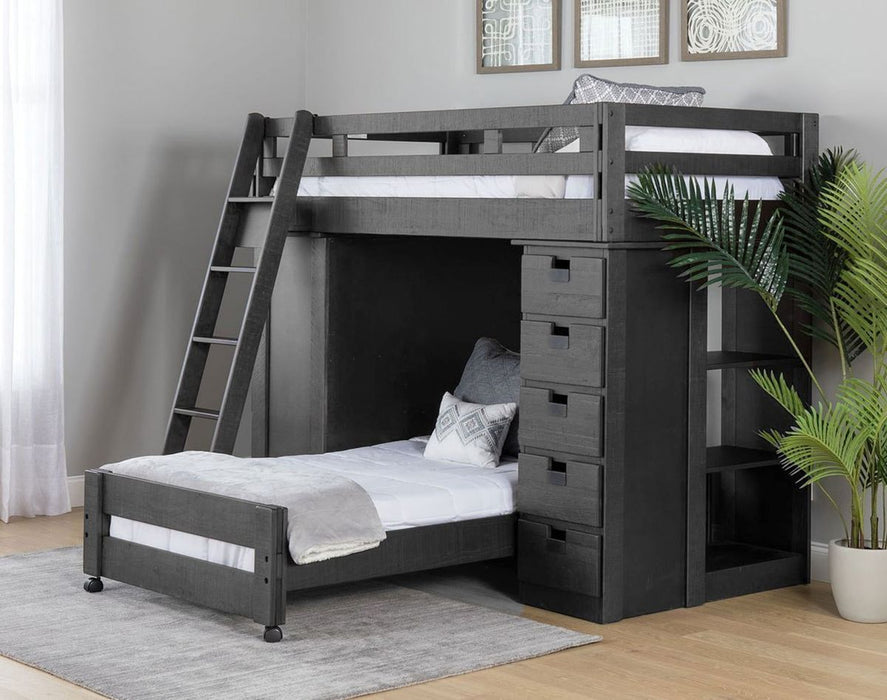Elements International Vista Twin over Twin Super Loft Bed with Desk and Bookcase in Grey - Vida Furniture (Laredo,TX)