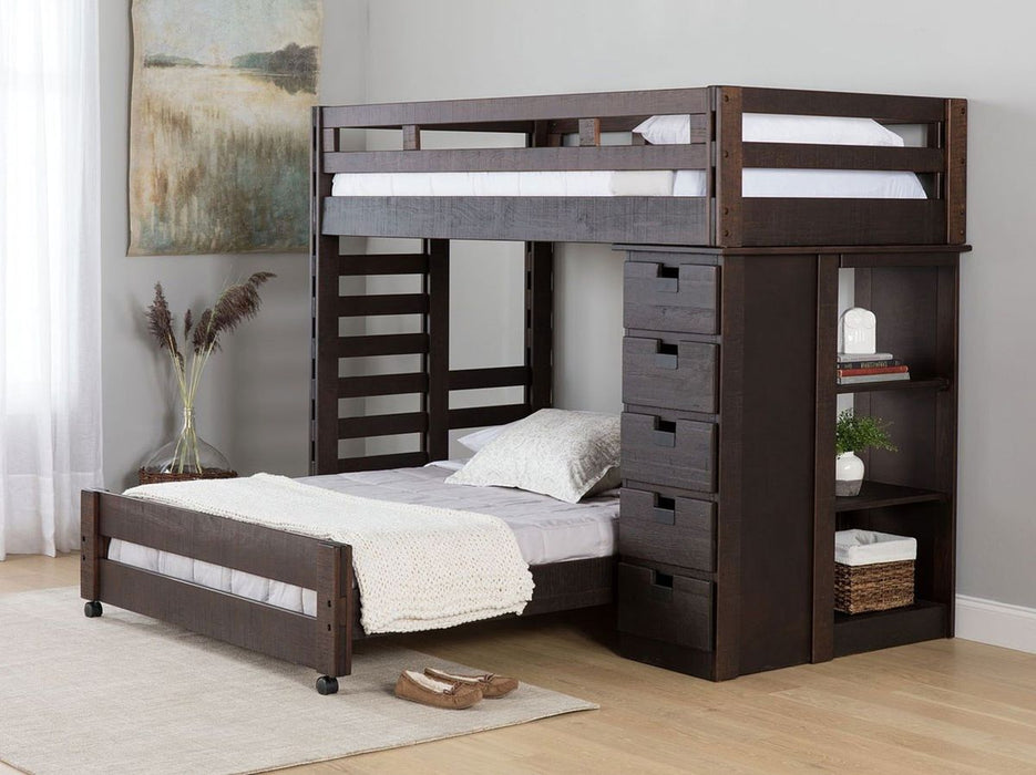 Elements International Vista Twin over Full Basic Loft Bed with Bookcase in Brown - Vida Furniture (Laredo,TX)