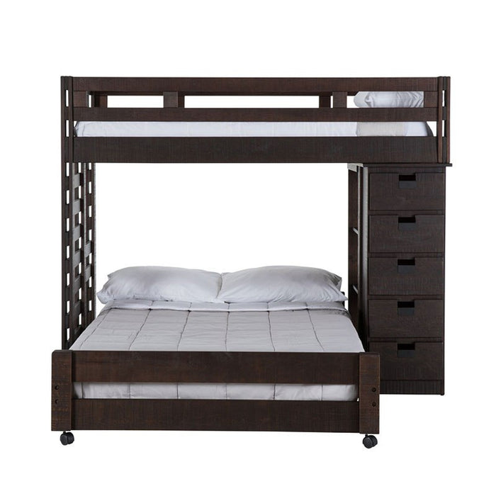 Elements International Vista Twin over Full Basic Loft Bed with Bookcase in Brown - Vida Furniture (Laredo,TX)