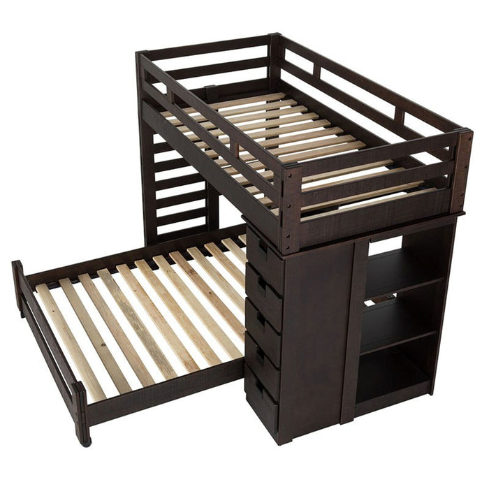 Elements International Vista Twin over Full Basic Loft Bed with Bookcase in Brown - Vida Furniture (Laredo,TX)