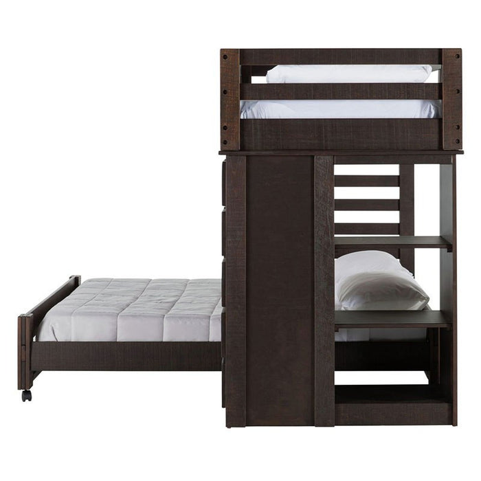 Elements International Vista Twin over Full Basic Loft Bed with Bookcase in Brown - Vida Furniture (Laredo,TX)