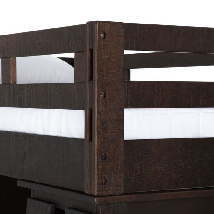 Elements International Vista Twin over Full Basic Loft Bed with Bookcase in Brown - Vida Furniture (Laredo,TX)