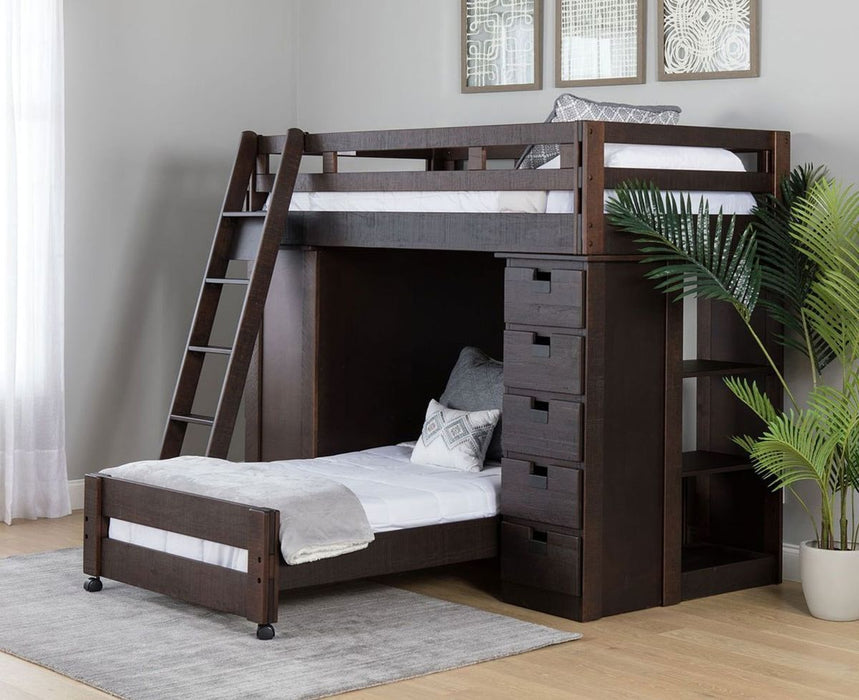 Elements International Vista Twin over Twin Super Loft Bed with Desk and Bookcase in Brown - Vida Furniture (Laredo,TX)