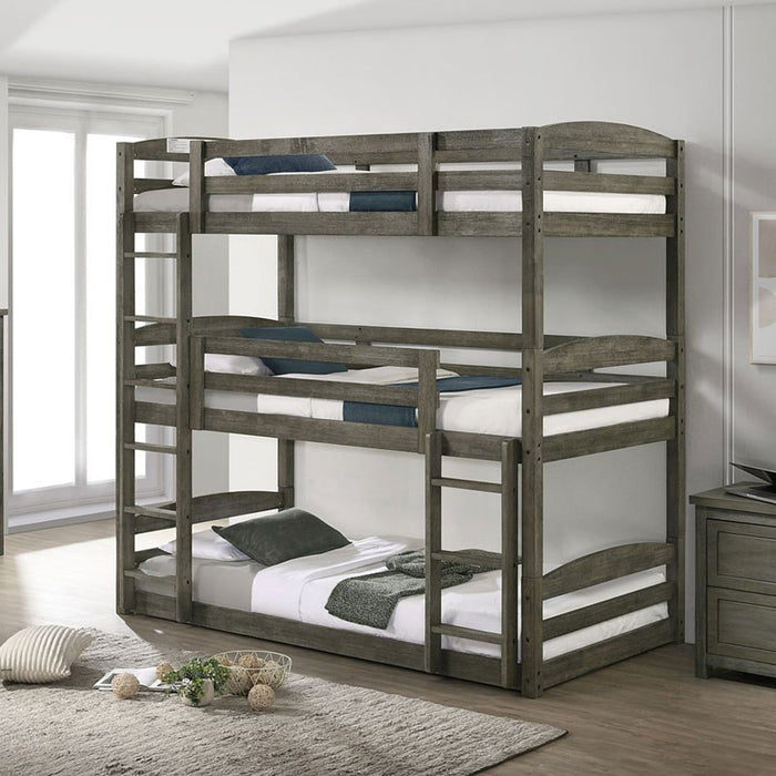 Elements International Trey Twin Over Twin Over Twin Bunk Bed in Wire Brushed Grey - Vida Furniture (Laredo,TX)
